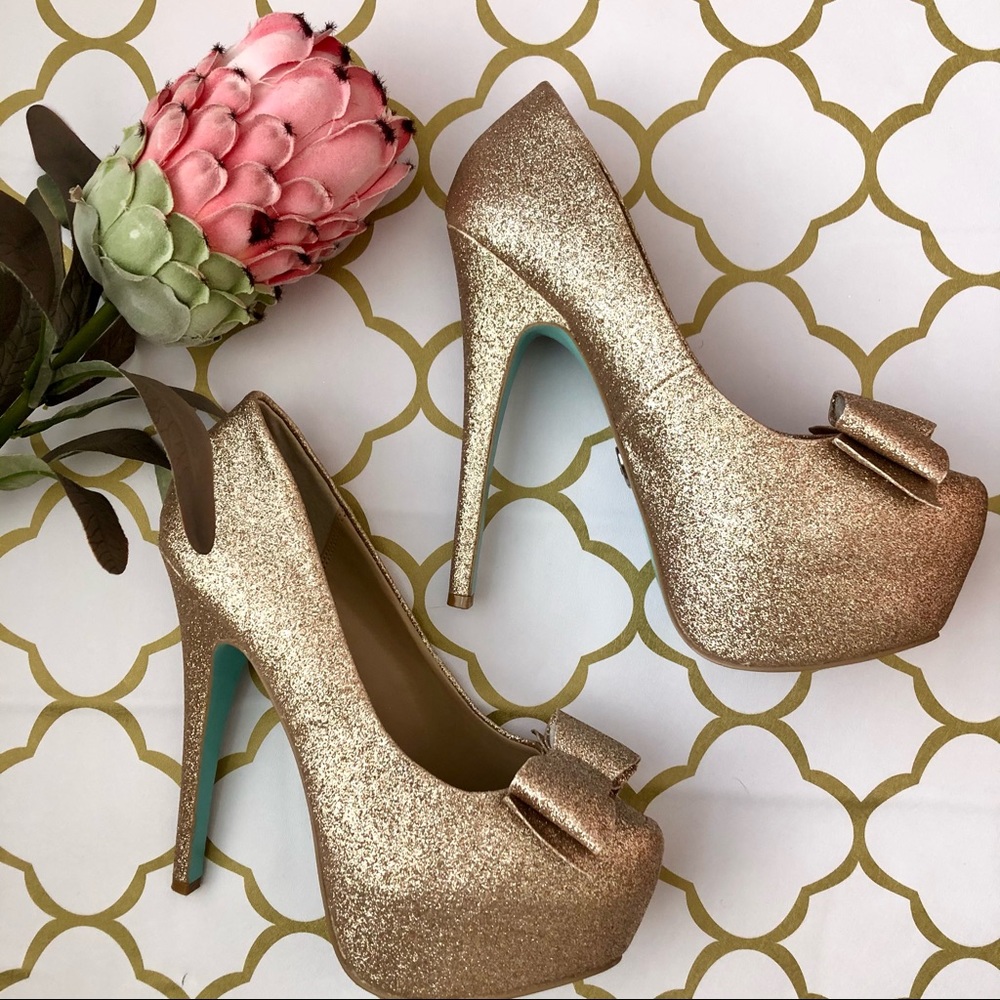 Betsey Johnson Gold Glitter Heels with Bows